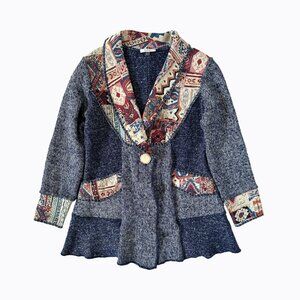 Sioni Knit Cardigan Sweater Sz M Navy Patchwork Southwestern Tapestry Trim Boho